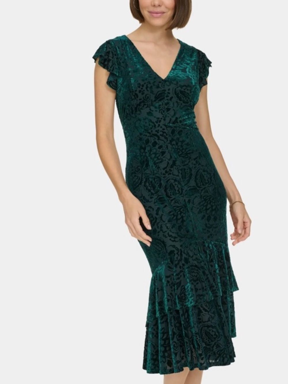 TH 18 Hunter Green Empire Waist Velour Floral Flutter Sleeve High Low Dress